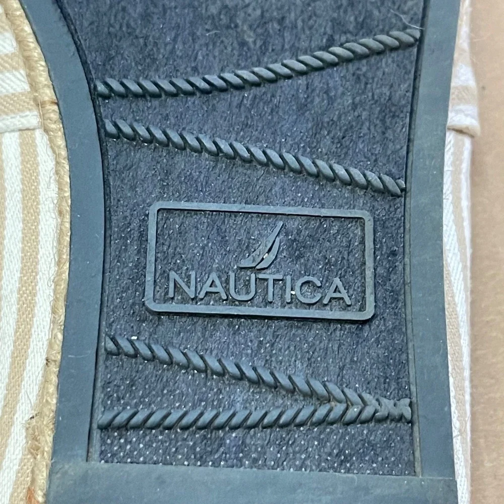 Nautica Women's Sz 8/38 Rudder Tan Striped‎ Canvas Espadrille Slip On Boat Shoes